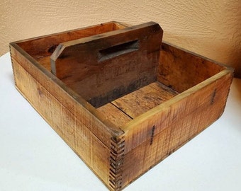 Primitive Wood Tote, Divided Tool Box, Rustic Wall Shelf, Handle, Dovetailed - Oak Hill Vintage