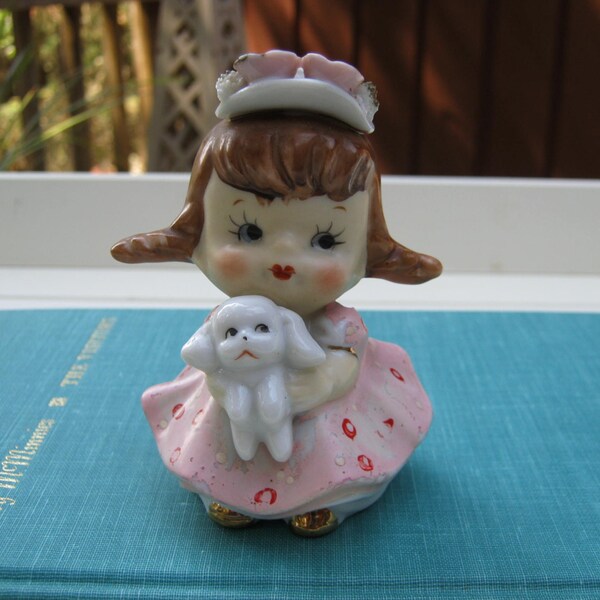 Little Girl and Puppy - Porcelain Bell - Pigtails - Spaghetti Trim - Oak Hill Vintage