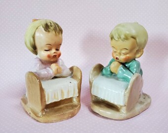 Praying Girl and Boy Salt and Pepper Shakers S and P, Made in Japan, Kneel at Bed - Oak Hill Vintage