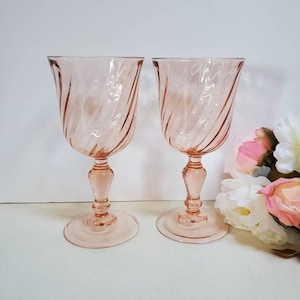 6 1/2" Tall, 2 Pink Swirl Rosaline Goblets Made in France, Drinking, Wine Glasses