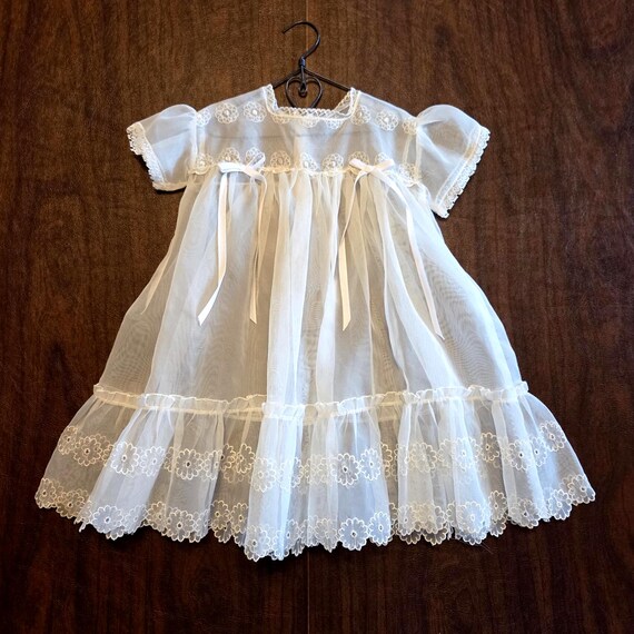 Vintage Baby Dress, Lace Trim, Organza Sheer Fabric, Ribbon Bows, Fancy