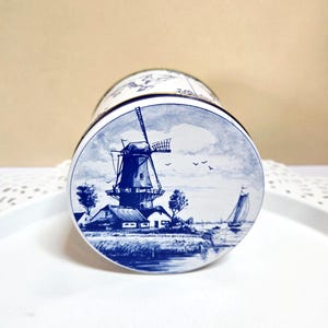 Blue and White Holland Windmill Tin, Round Container, Children Playing, Delft Blue, Dutch, Rosenberg