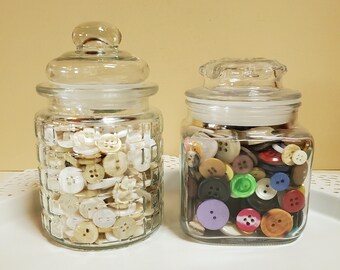 Choose One Jar of Old Buttons, Mixed Lot Plastic Metal Sewing Aid, Multi Colors - Oak Hill Vintage