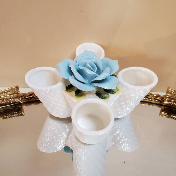 Lipstick Holder, Japan, I W Rice Co, Porcelain Blue Rose, Four Slots - Oak Hill Vintage