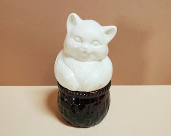 Avon White Cat in Amber Basket, Kitten's Hideaway, Sachet Jar, Perfume Bottle Decanter - Oak Hill Vintage
