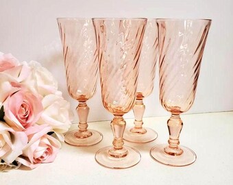 4 Champagne Pink Swirl Rosaline Glasses Flutes, Made in France, 6.5" Tall, Vintage