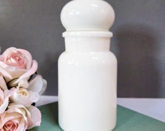7" White Milk Glass Canister, Apothecary Jar, Made in Belgium, Vanity Craft Storage