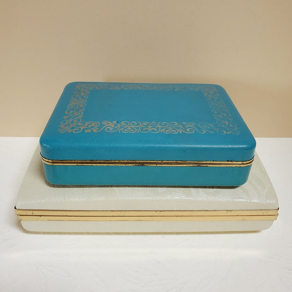 SHABBY Farrington Jewelry Case in Aqua Blue, Small Clam Shell Type, Gold Tone Trim - Oak Hill Vintage