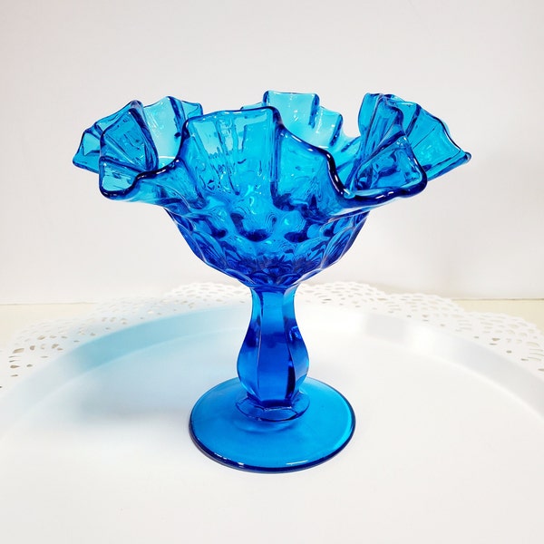 Fenton Colonial Blue Thumbprint Compote with Ruffled Crimped Rim, Candy Dish, Vase - Oak Hill Vintage