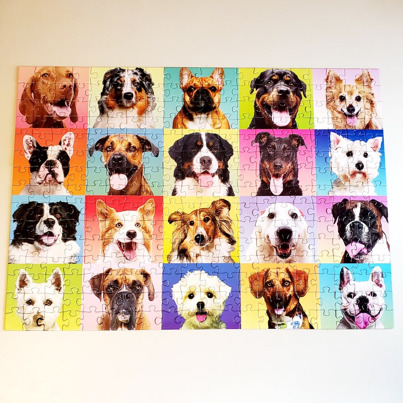 May include: A colorful jigsaw puzzle featuring a grid of 20 different dog portraits. Each dog is set against a vibrant, solid-color background. The puzzle pieces are interlocking, creating a cohesive image of various breeds.