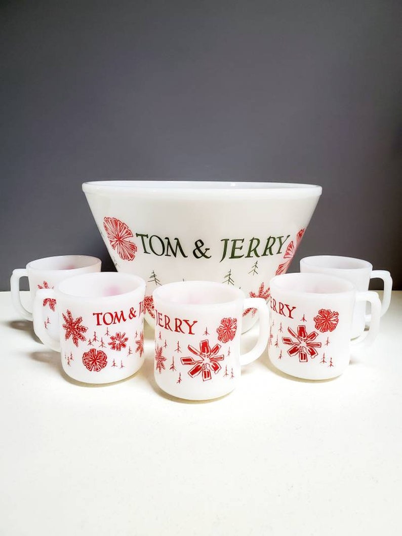 Fire King Tom and Jerry Punch Bowl Set White Milk Glass Red Etsy