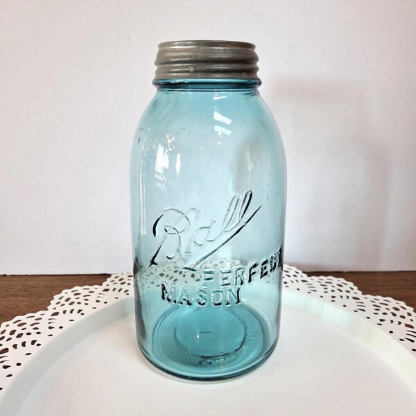 Antique Aqua Ball Half Gallon Jar, Zinc Lid, RARE Off-Center Misprint