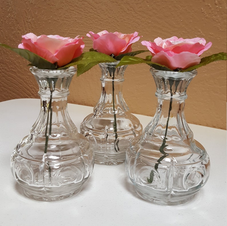 Trio of Clear Glass Pot Belly Bud Vases Circle Pattern Etsy