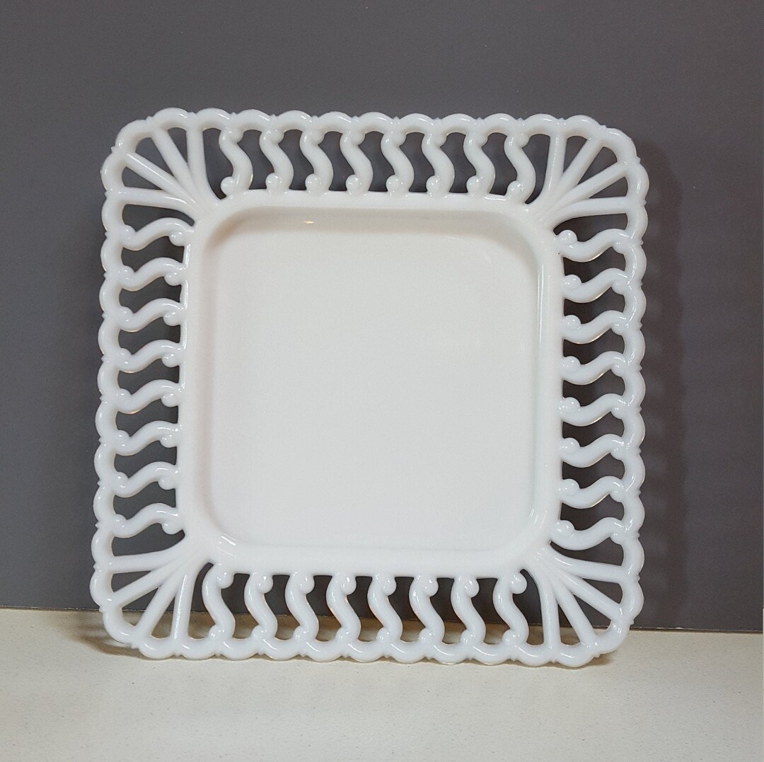 Open Lace Square Milk Glass Salad Plate Westmoreland S Etsy