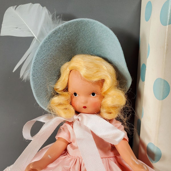 Curly Locks, Nancy Ann Storybook Doll #154, Bisque in Original Box, Blond Blue Bonnet with Feather - Oak Hill Vintage