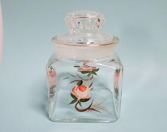 Vanity Canister with Pink Roses and Gold Trim, Small Size Square Jar, L E Smith type - Oak Hill Vintage