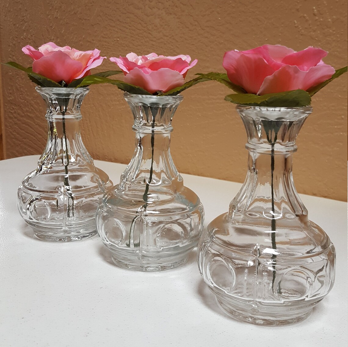 Trio of Clear Glass Pot Belly Bud Vases Circle Pattern Etsy