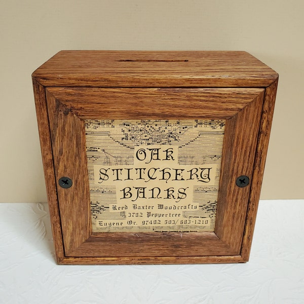 Wood Oak BANK for Crafting, Needlework Display, Counted Cross Stitch, Savings - Oak Hill Vintage