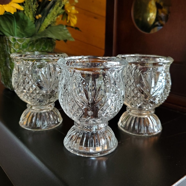 3 Footed Votive Candle Holders, Mini Vase Compote, Clear Glass, Diamond Pattern - Oak Hill Vintage