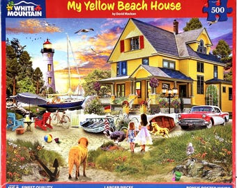 My Yellow Beach House Puzzle, 500 Piece Jigsaw, White Mountain USA, Lighthouses Boats, PRE-OWNED