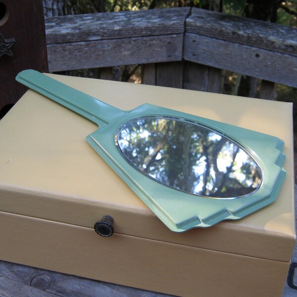 SALE - Vintage Green Beveled Hand Mirror in Art Deco Style