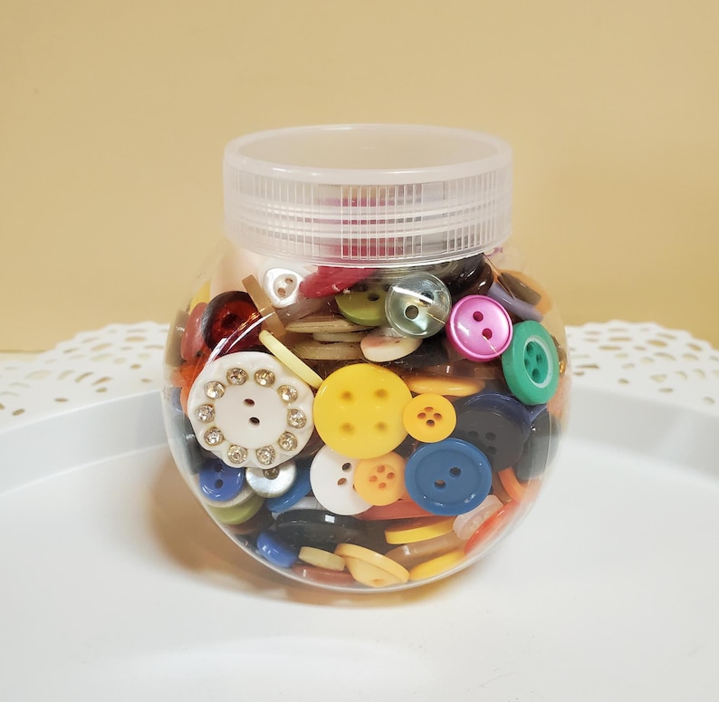 Old Buttons in Plastic Jar, Craft Sewing Supplies, Colorful Variety Oak