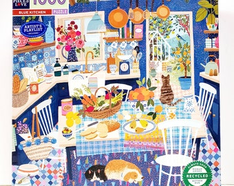 The Blue Kitchen Puzzle, 1000 Piece Jigsaw by eeBoo, Folk Art, PRE-OWNED - Oak Hill Vintage