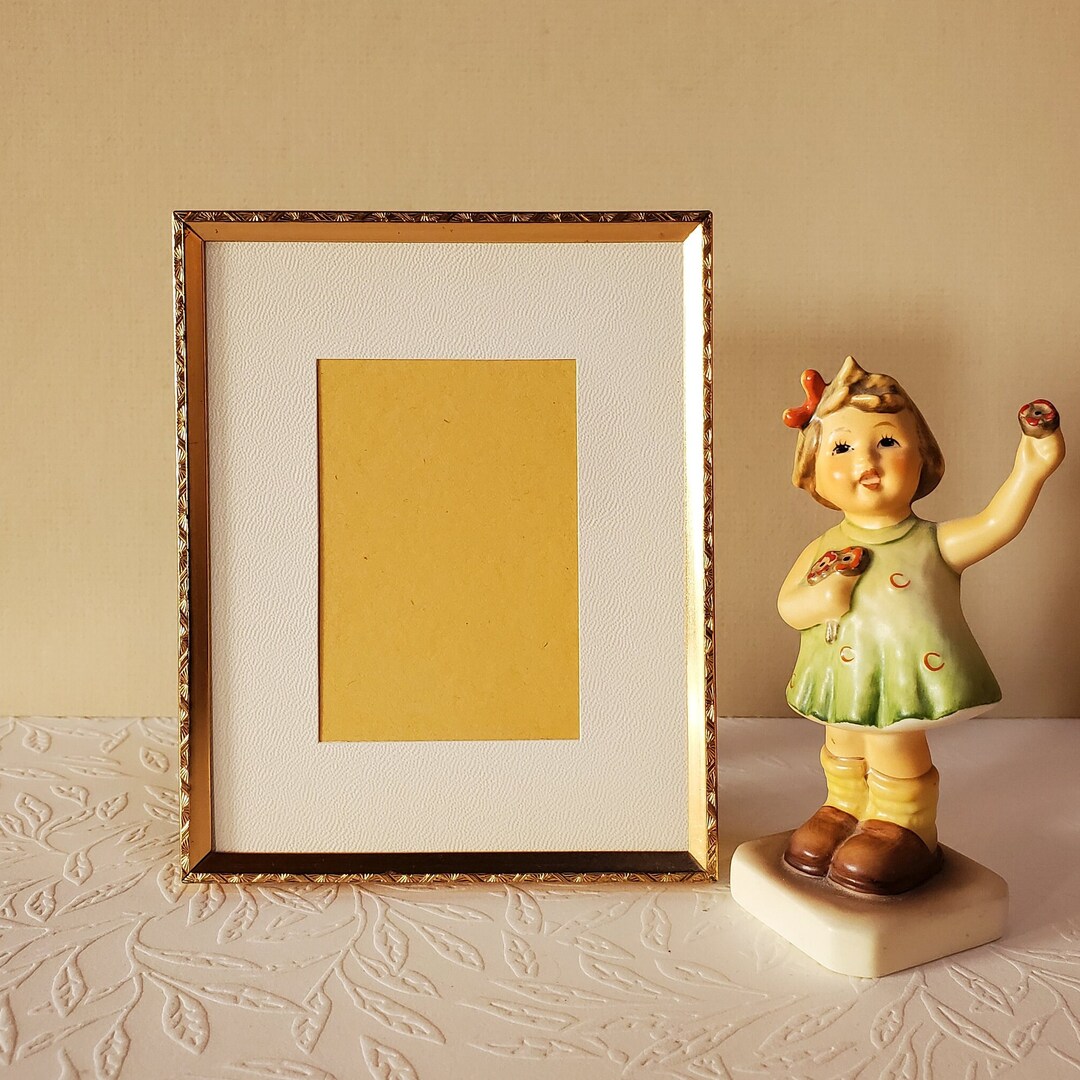 Holds 4 X 5 Photo, Gold Tone Metal Frame, Wedding Decor, Small Size Oak
