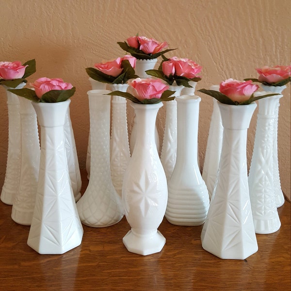 18 Tall White Milk Glass Bud Vases - Wedding Centerpieces - Oak Hill Vintage - Lot 8