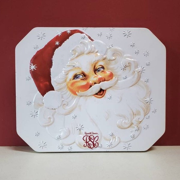 Christmas Santa Metal Storage Tin, Octagonal Container, Hinged Lid, Russell Stover Candy Box - Oak Hill Vintage