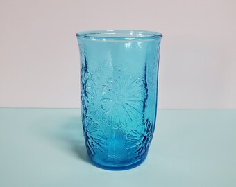 Anchor Hocking Aqua Blue Spring Song Juice Glass, Daisy Flower - Oak Hill Vintage