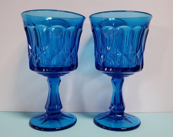 Pair of Noritake Blue Goblets, 6 1/2" Tall Stemware, Barware, Wine Glass, Thumbprint  - Oak Hill Vintage