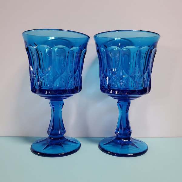 Pair of Noritake Blue Goblets, 6 1/2" Tall Stemware, Barware, Wine Glass, Thumbprint  - Oak Hill Vintage