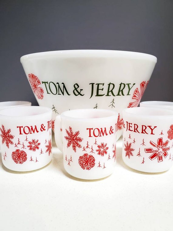 Fire King Tom and Jerry Punch Bowl Set White Milk Glass Red Etsy