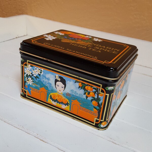 1992 Celestial Tea Tin, Mandarin Orange Spice Herb Tea, Collectible - Oak Hill Vintage