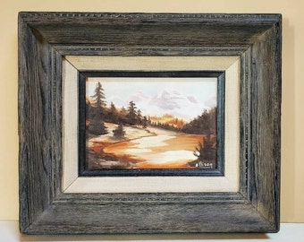 Framed Oil Painting on Canvas, Signed Ellison, Lake Mountains Trees - Oak Hill Vintage