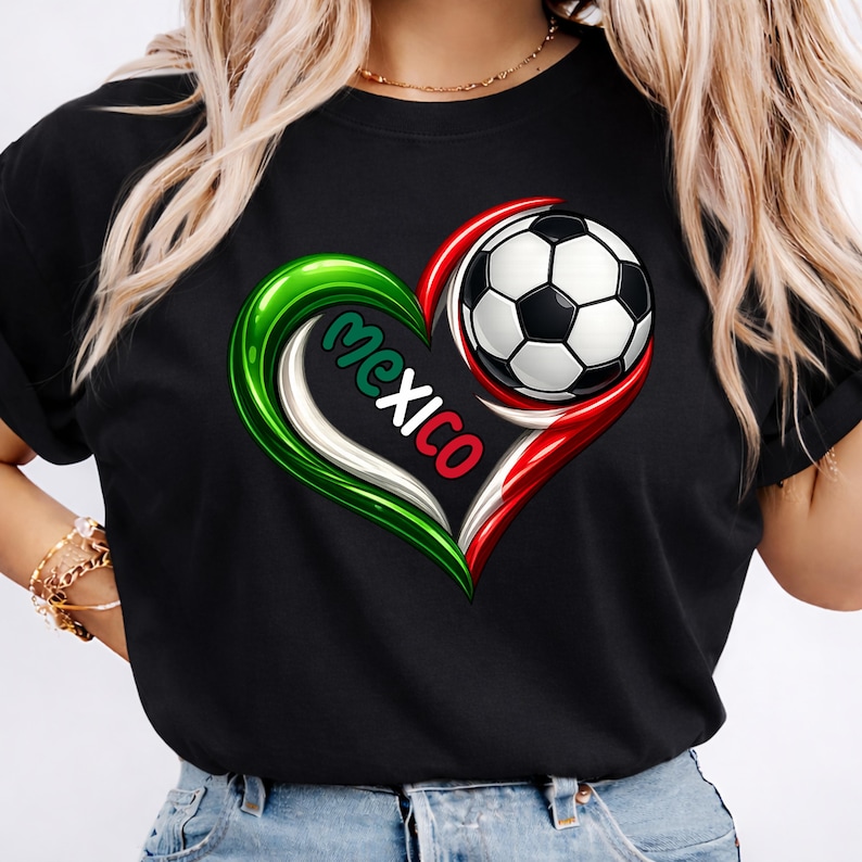 May include: Black t-shirt featuring a heart-shaped design in the colors of the Mexican flag, with a soccer ball in the center. The word "Mexico" is written in white and red within the heart.