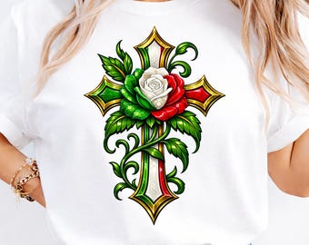 メキシコ十字シャツPNG | メキシコ国旗十字デザイン | ビバ・メキシコグラフィックTシャツ | メキシコ花柄十字PNG