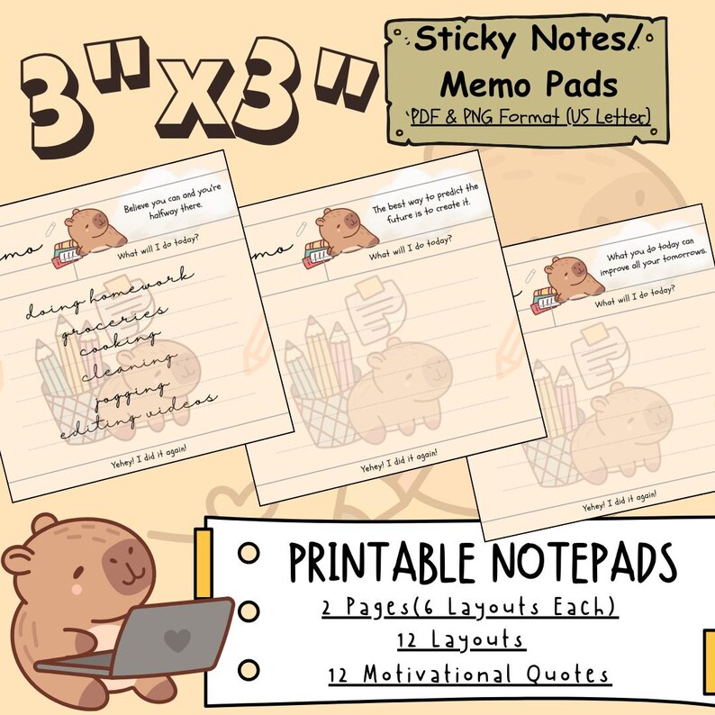Capybara Notepad Template: Printable 3x3 Memo Sheets (PDF & PNG Digital ...