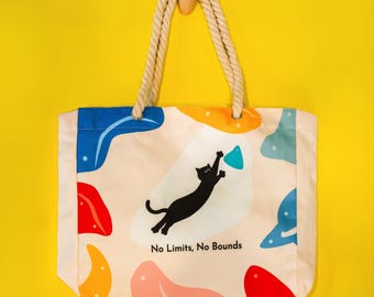 Dyno Cat canvas klimdraagtas: zwarte kat-ontwerp, handvatten van touw