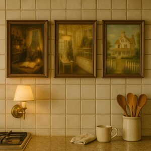 May include: Three framed landscape paintings hang above a countertop with a lamp, mug, and utensils. The paintings depict interior and exterior scenes in warm tones, creating a cosy, vintage aesthetic. The kitchen setting includes a gas hob and a ceramic utensil holder.
