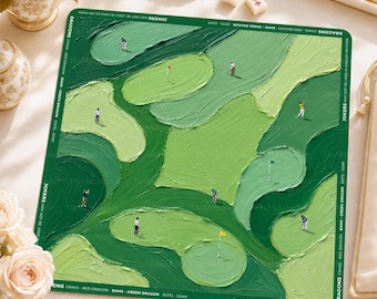 May include: A square mahjong mat featuring a textured, impasto-style oil painting of a golf course in various shades of green. The border is dark green with white text reading DRAGONS, CHARS, RED DRAGON, BAMS, GREEN DRAGON, DOTS, SOAP, JOKERS.