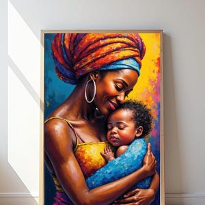 Afrocentric Mother and Child Art Print: Colorful Black Family Decor (Digital Download)