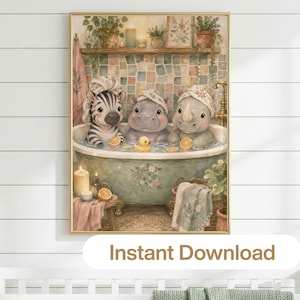 May include: Watercolor illustration of a zebra, hippo, and rhino relaxing in a vintage bathtub. The animals wear floral headbands and are surrounded by candles, plants, and a rubber duck. The words "Instant Download" are at the bottom.