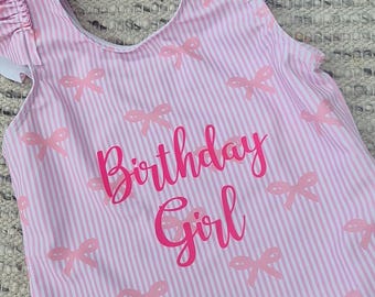 Personalised Any Text Pink Striped Swimsuit, Bow Pattern Ruffle One-Piece