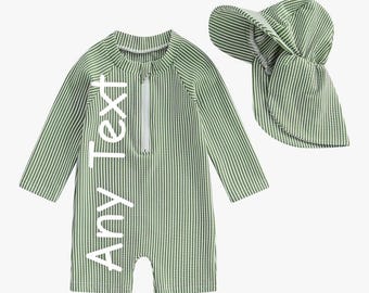 Personalised Baby Boy Swimsuit with Sun Hat – Long Sleeve Zip Rash Guard Swimwear,UPF50 Sun Protection, Custom Baby Swim Costume 0m–5 Yrs