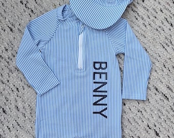 Traje de baño personalizado para bebé niño con gorro para el sol: traje de baño de manga larga con cremallera y protección solar UPF 50, traje de baño personalizado para bebé de 0 a 5 años.
