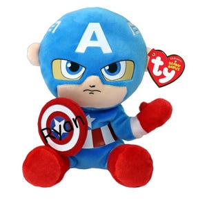 May include: A plush Captain America doll with a blue helmet featuring a white "A", and a red, white, and blue shield. The doll has red gloves and boots, and a "Ty Beanie Babies" tag.