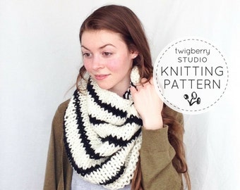 Knit Cowl PATTERN Knitting Black and White Striped Cowl Pattern Chunky Knit Scarf Easy Infinity Knit Pattern Stripe Scarf Pattern Knitting