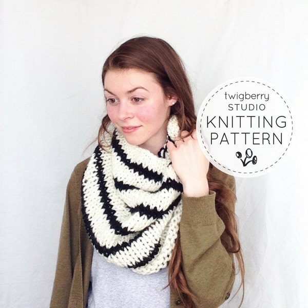 Knit Cowl PATTERN Knitting Black and White Striped Cowl Pattern Chunky Knit Scarf Easy Infinity Knit Pattern Stripe Scarf Pattern Knitting